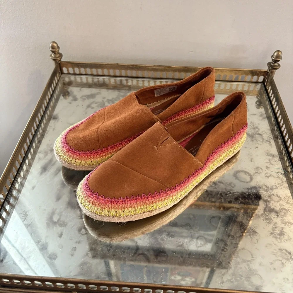 TOMS Shoes Womens Size 7 Brown‎ Suede Alpargata Espadrille Slip On Rainbow Trim